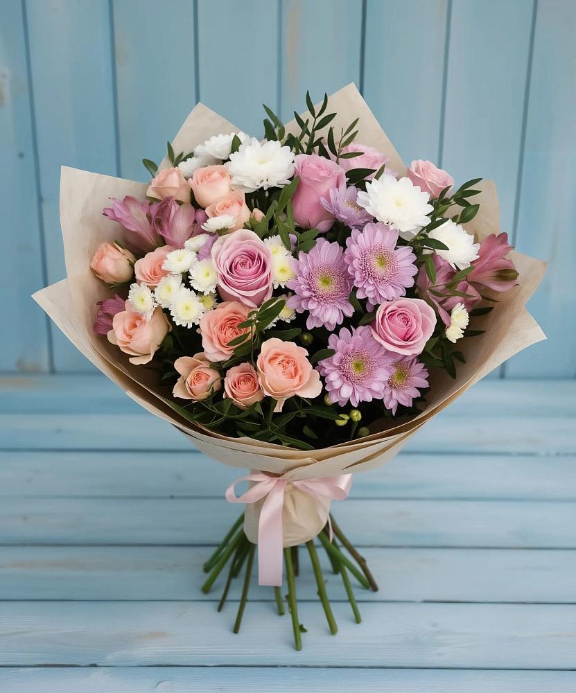 Букет цветов из: Хризантемы, Розы и Альстромерии в Арбаж